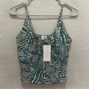 Sienna Sky Teal and Cream/Tan Tie Front Crop Top NWT M